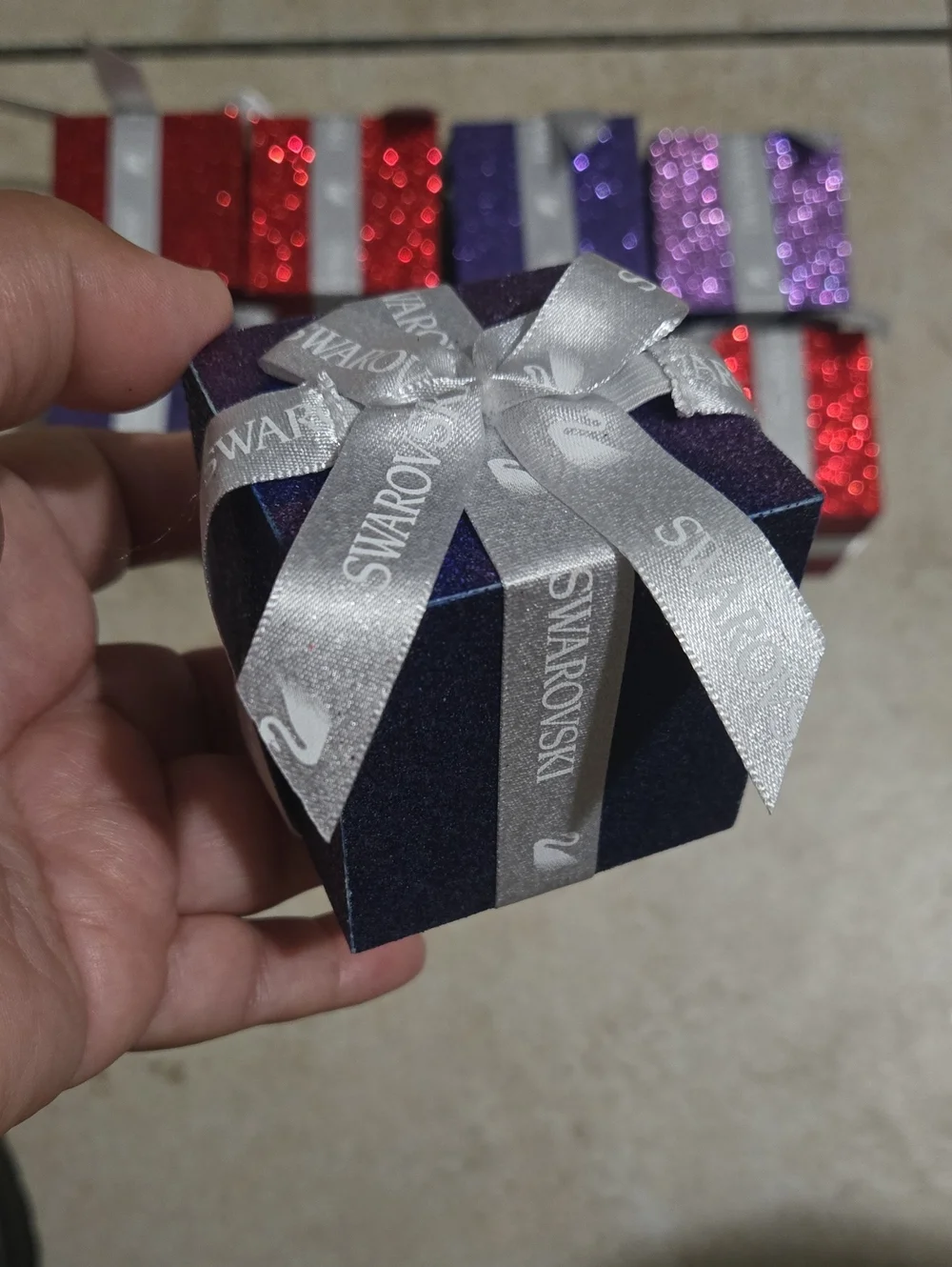 Swarovski Wooden decoration Box  with Silver Branded Ribbon